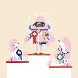 Illustration of a frog and two dogs with award ribbons by Chris Gilleard