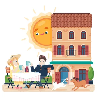 Couple enjoying coffee at outdoor table with sunny sky and building by Chris Gilleard