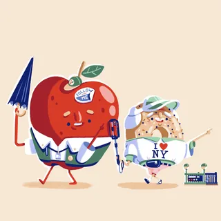 Cartoon apple and tourist characters in New York by Chris Gilleard