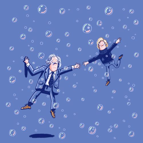 Two men floating in air surrounded by bubbles, illustration by Chris Gilleard