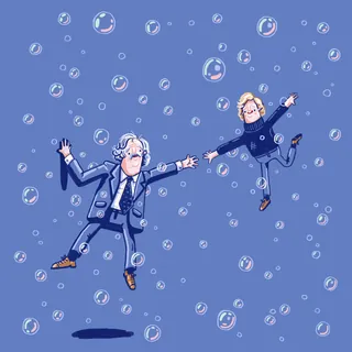Two men floating in air surrounded by bubbles, illustration by Chris Gilleard