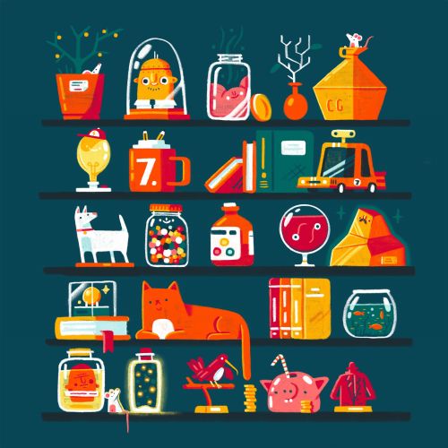 Colorful shelves with various books, toys, and decorative items