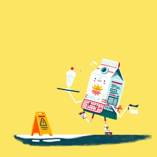 Animated milk carton character roller skating and serving a milkshake