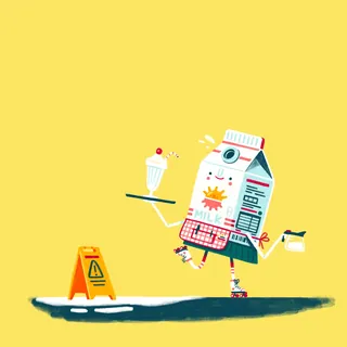 Animated milk carton character roller skating and serving a milkshake
