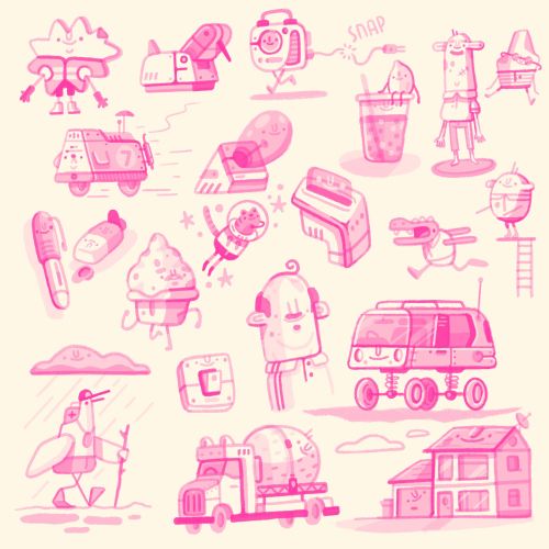 Pink doodles of various quirky objects and characters