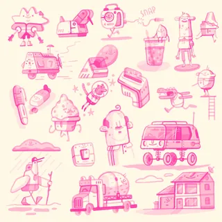 Pink doodles of various quirky objects and characters