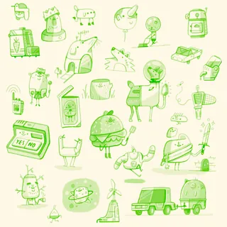 Various green doodles including animals, food, and objects on pale background