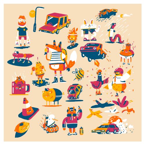Colorful doodle characters and objects in playful style