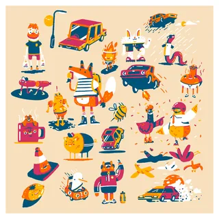 Colorful doodle characters and objects in playful style