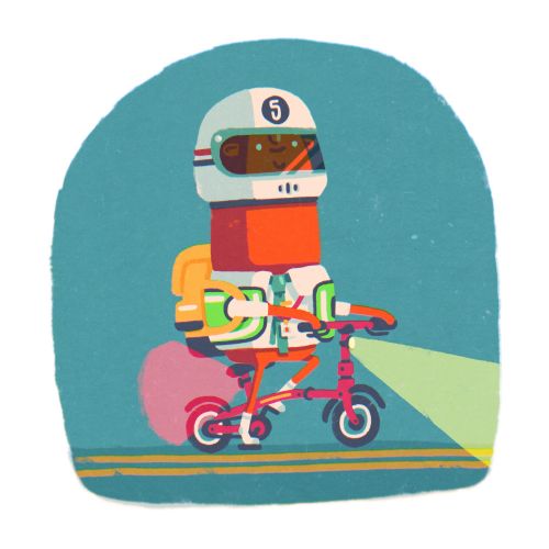 Cartoon cyclist wearing helmet riding small bike with light