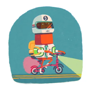 Cartoon cyclist wearing helmet riding small bike with light