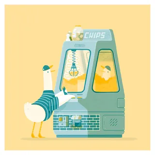 Seagull playing claw machine filled with chips in arcade
