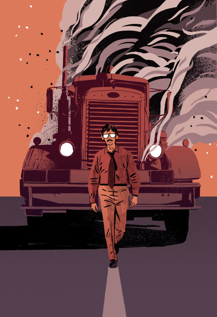 Una ilustración del hombre caminando delante de un camión humeante