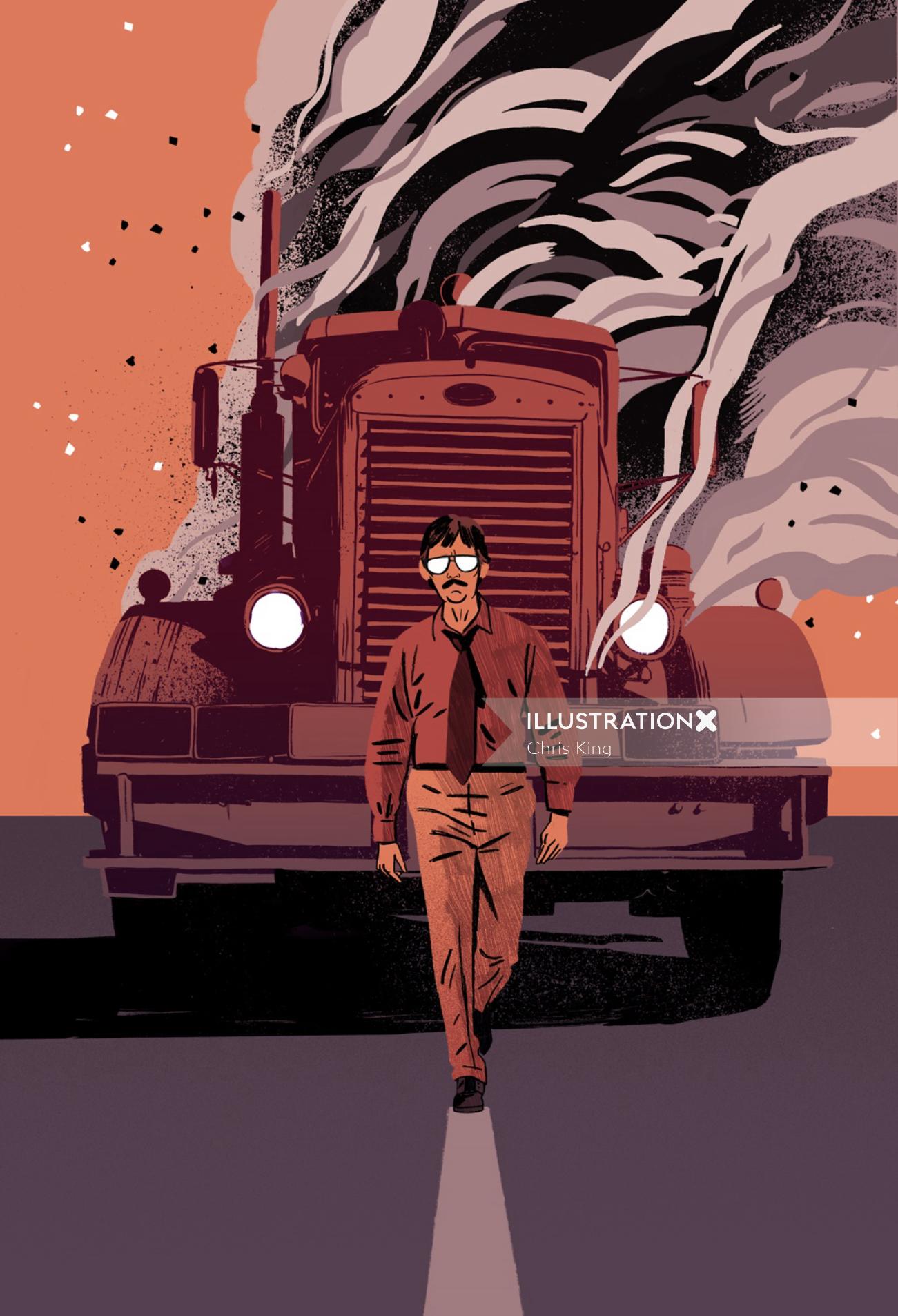 An illustration of man walking front of a smoky truck