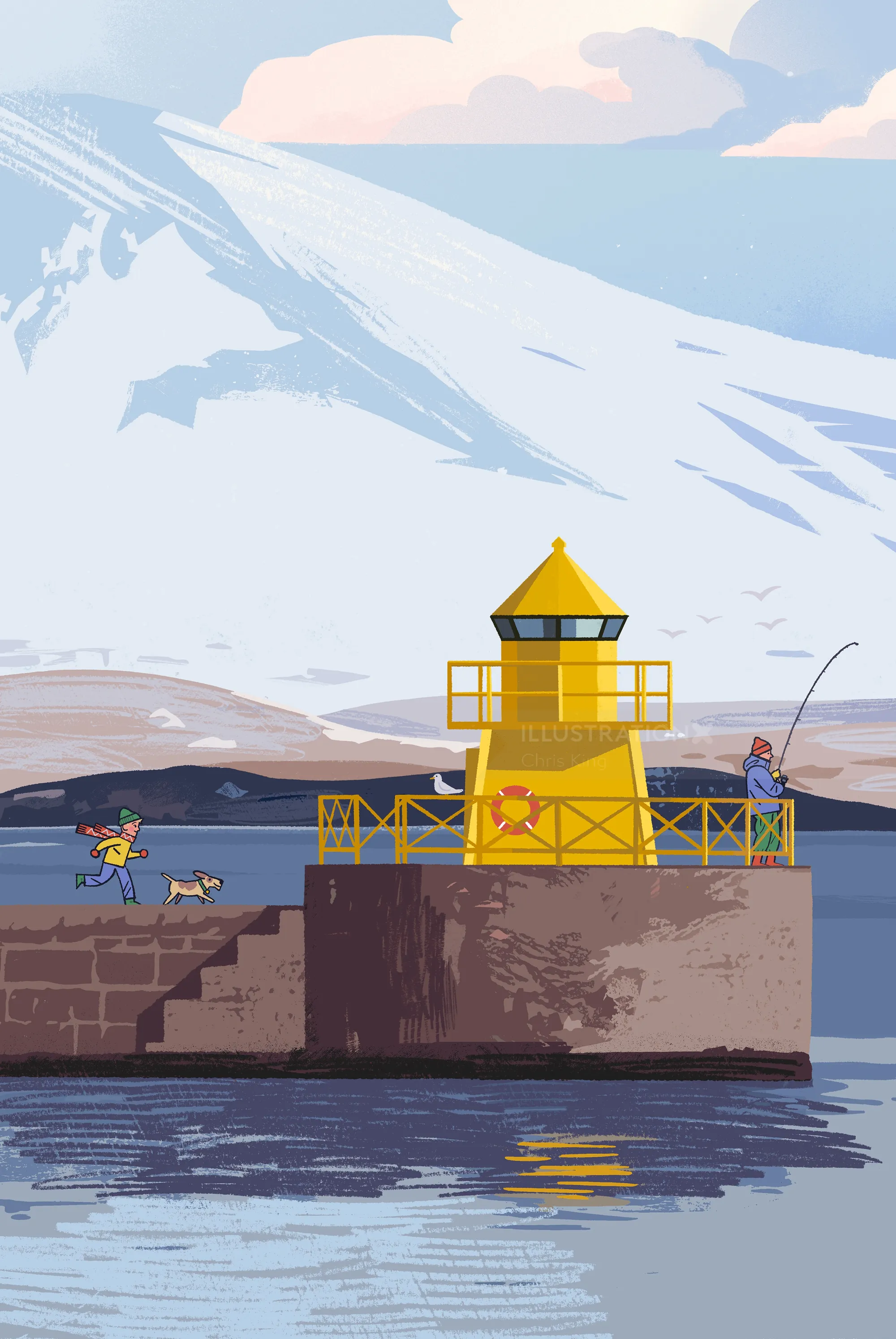 Illustration of Reykjavik lighthouse by Chris King with fishermen nearby