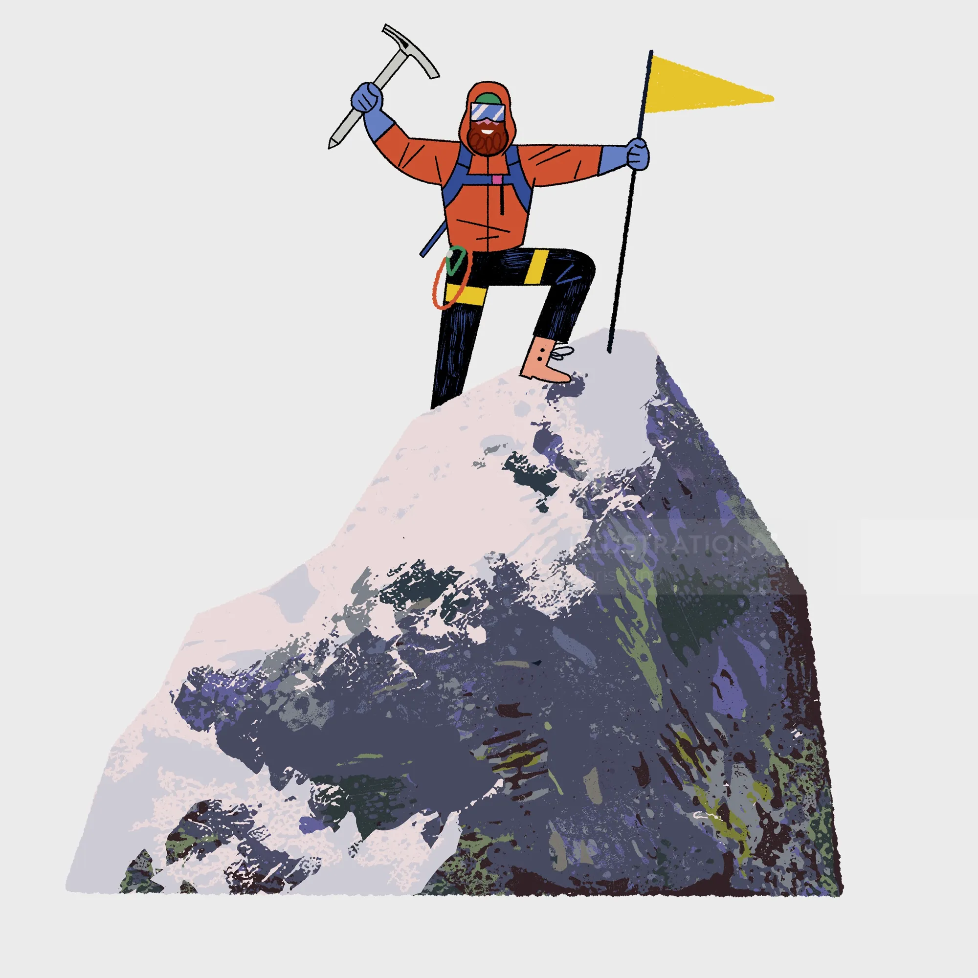 Mountaineer on snowy mountain summit celebrating success