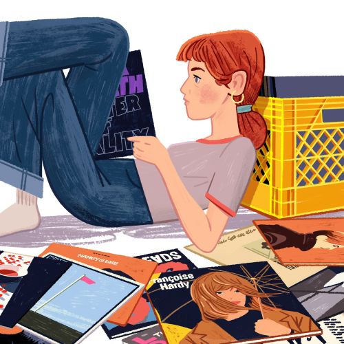 Colorful comic-style artwork featuring vintage vinyl albums