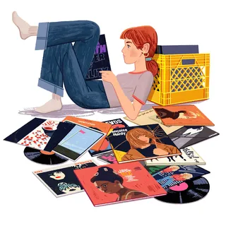 Colorful comic-style artwork featuring vintage vinyl albums