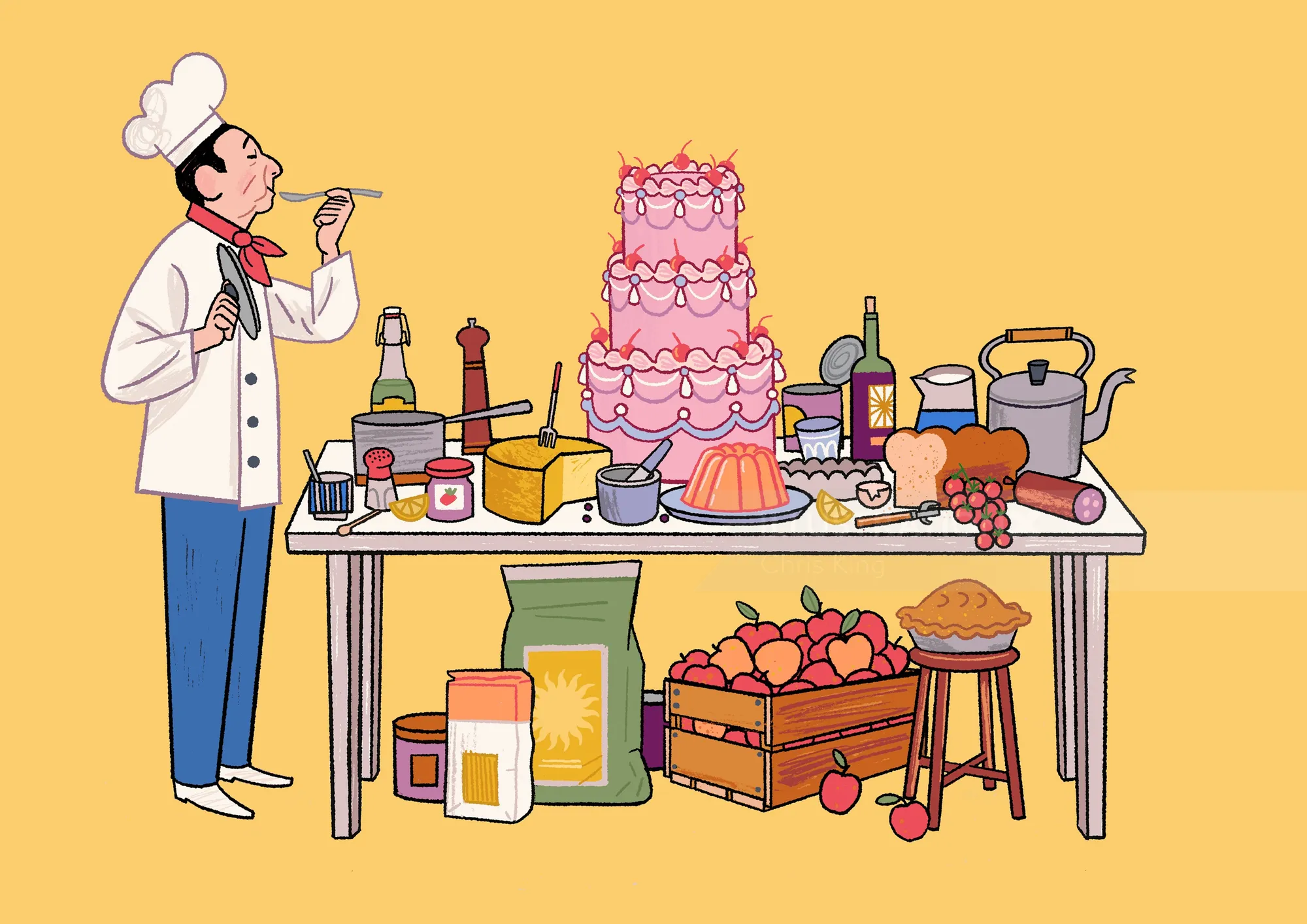 Colorful baking and confectionery scene with pastries and desserts