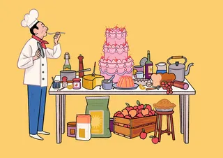 Colorful baking and confectionery scene with pastries and desserts