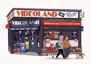 Videoland storefront with comic-themed architectural design