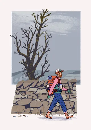Illustration of a hiker in a scenic mountain landscape