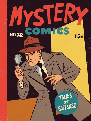 Book cover design for Mystery Comics No.32 in retro comic style
