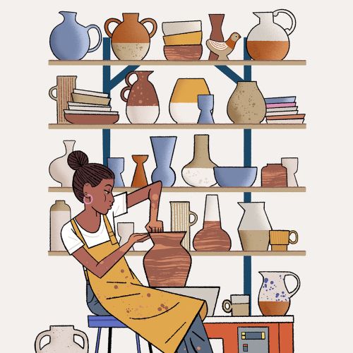 Artist sculpting pottery surrounded by shelves of ceramics by Chris King