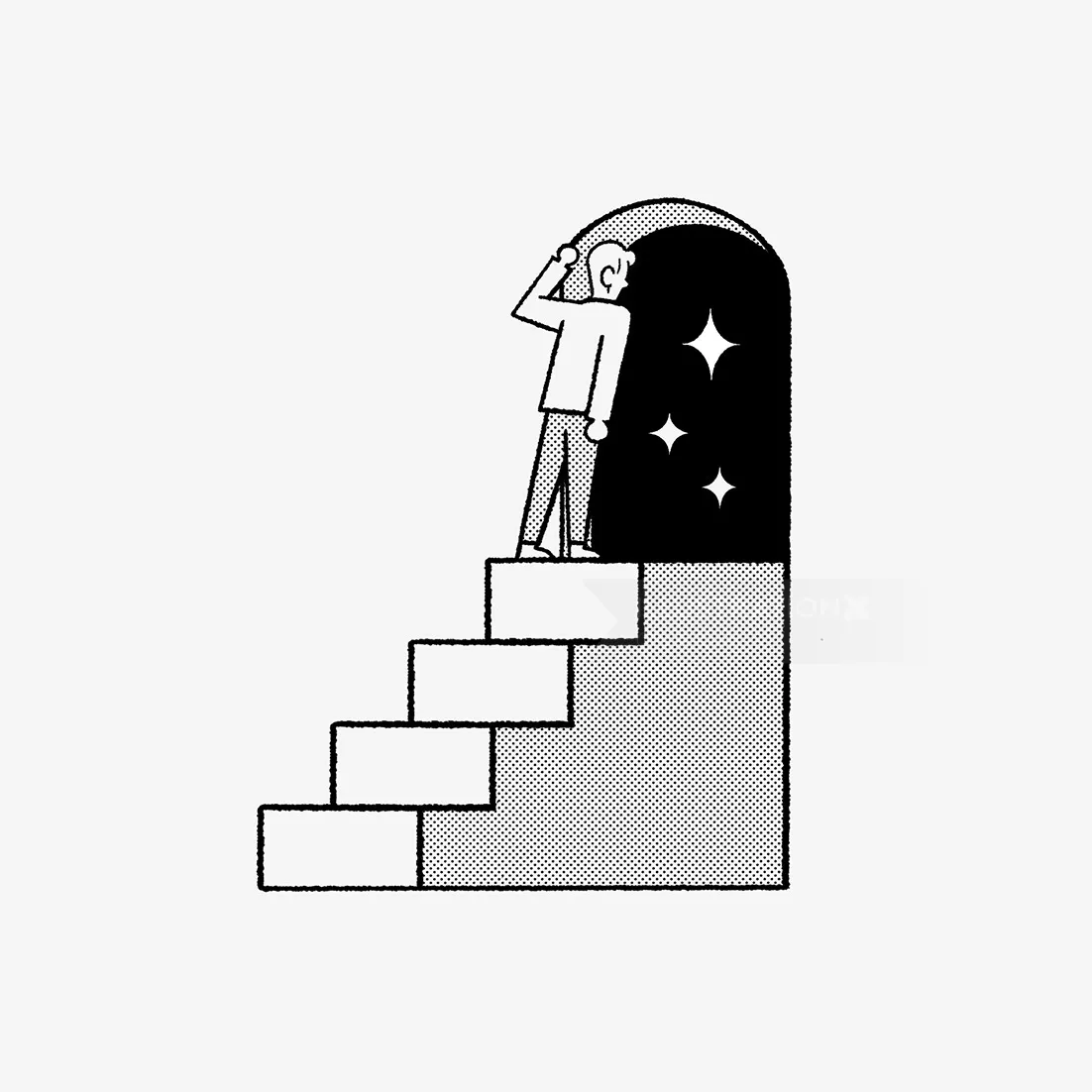 Dreamlike scene of a person approaching a star-lit sky through an archway