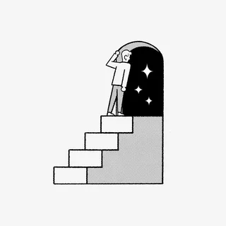 Dreamlike scene of a person approaching a star-lit sky through an archway