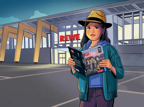 Person holding Die drei book outside Rewe store by Chris King