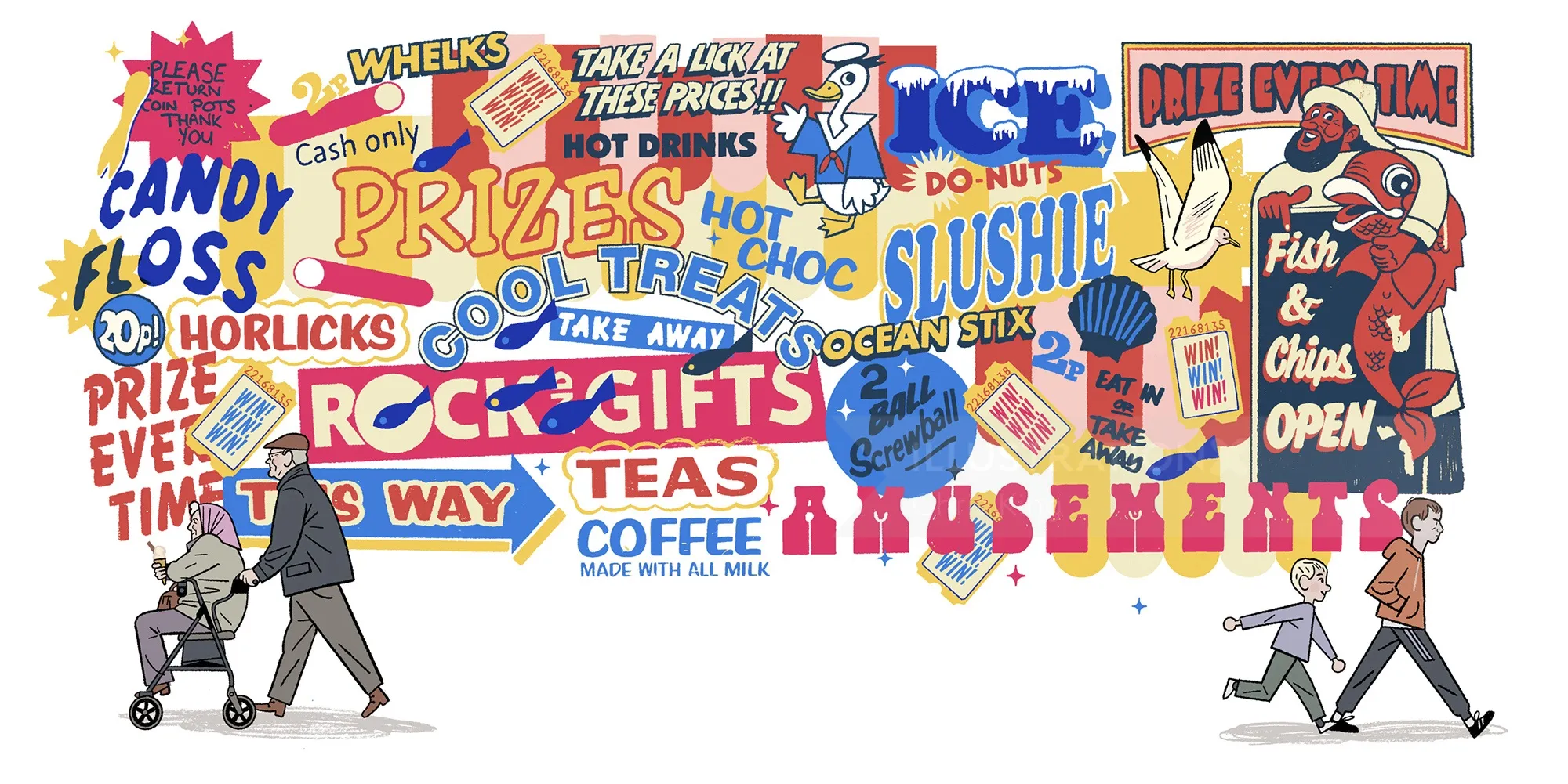Collage of colorful signs and ads for food and drink products