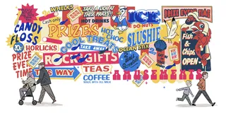 Collage of colorful signs and ads for food and drink products