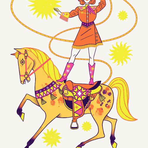 Colorful design of a circus performer mid-act