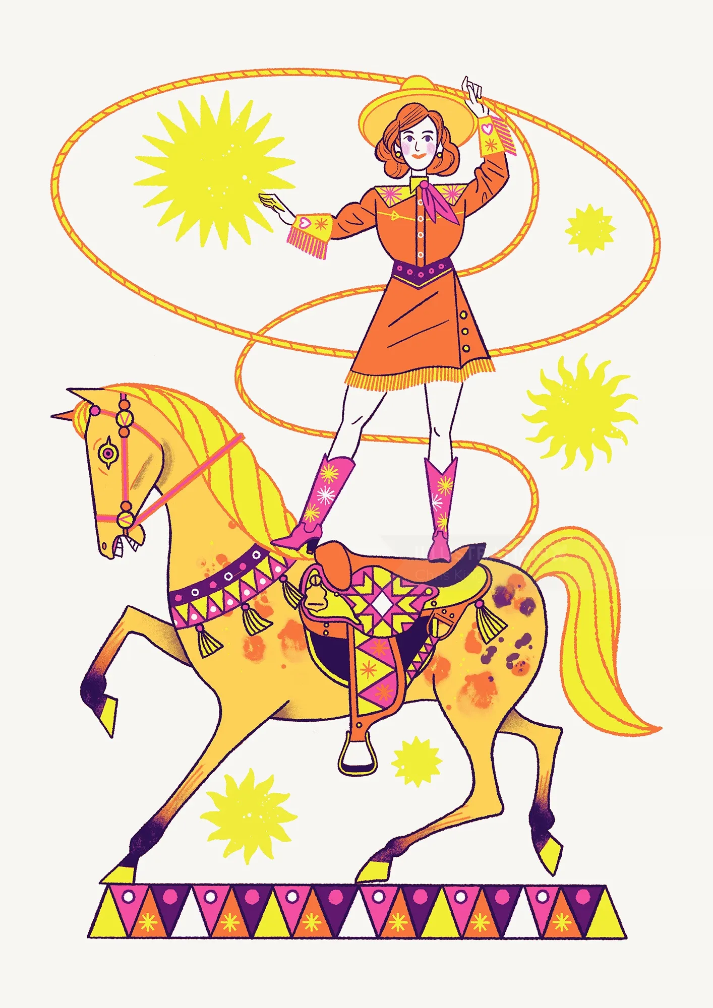 Colorful design of a circus performer mid-act