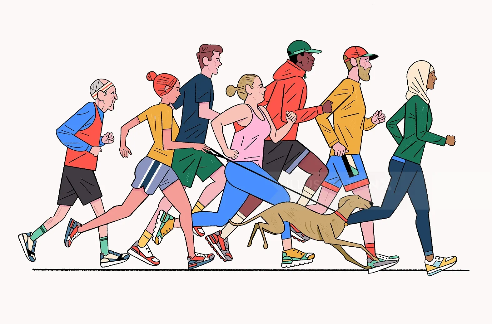 Fitness enthusiasts jogging at sunrise