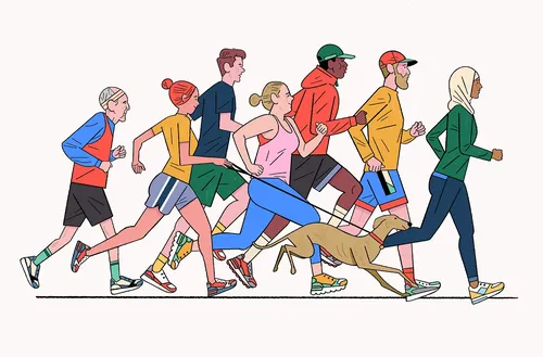Fitness enthusiasts jogging at sunrise
