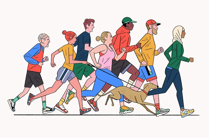 Fitness enthusiasts jogging at sunrise