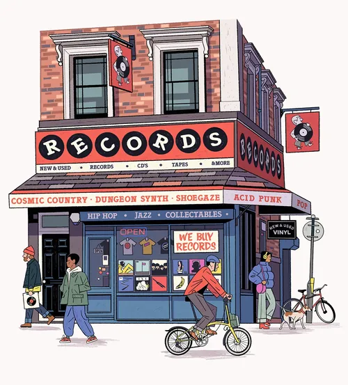 Magasin de disques rétro confortable rempli de vinyles classiques