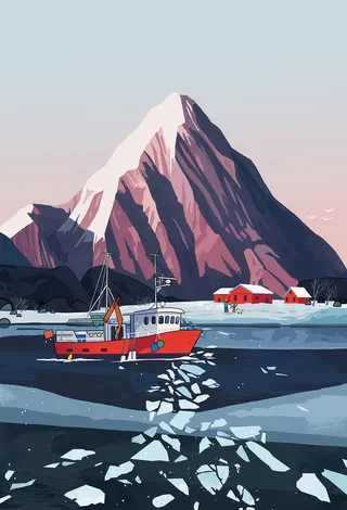 Tranquil mountain lake surrounded by peaks