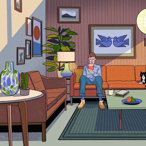 Comic-style drawing of a vintage mid-century modern room
