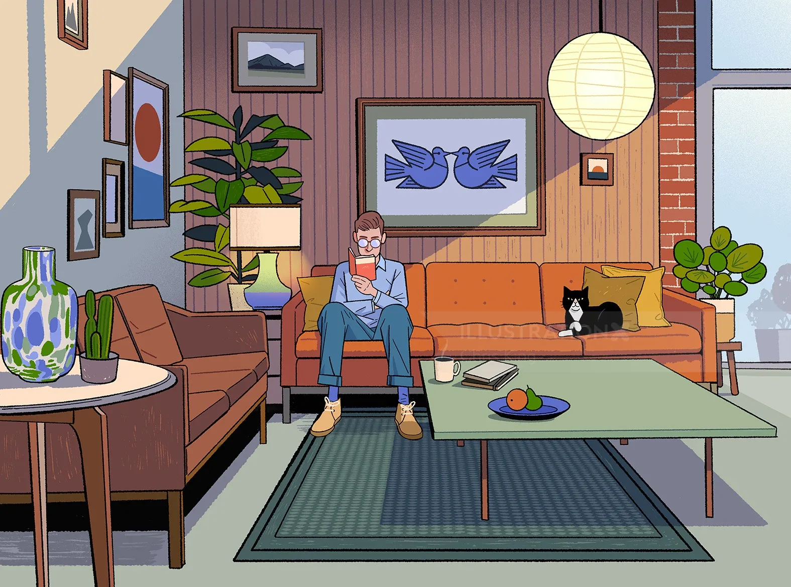 Comic-style drawing of a vintage mid-century modern room