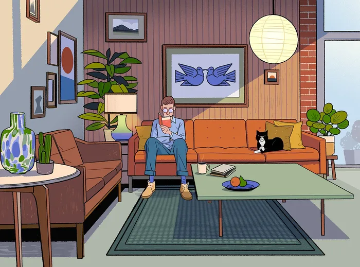 Comic-style drawing of a vintage mid-century modern room