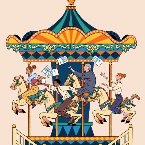 Illustrated carousel scene in comic theme for housing publication