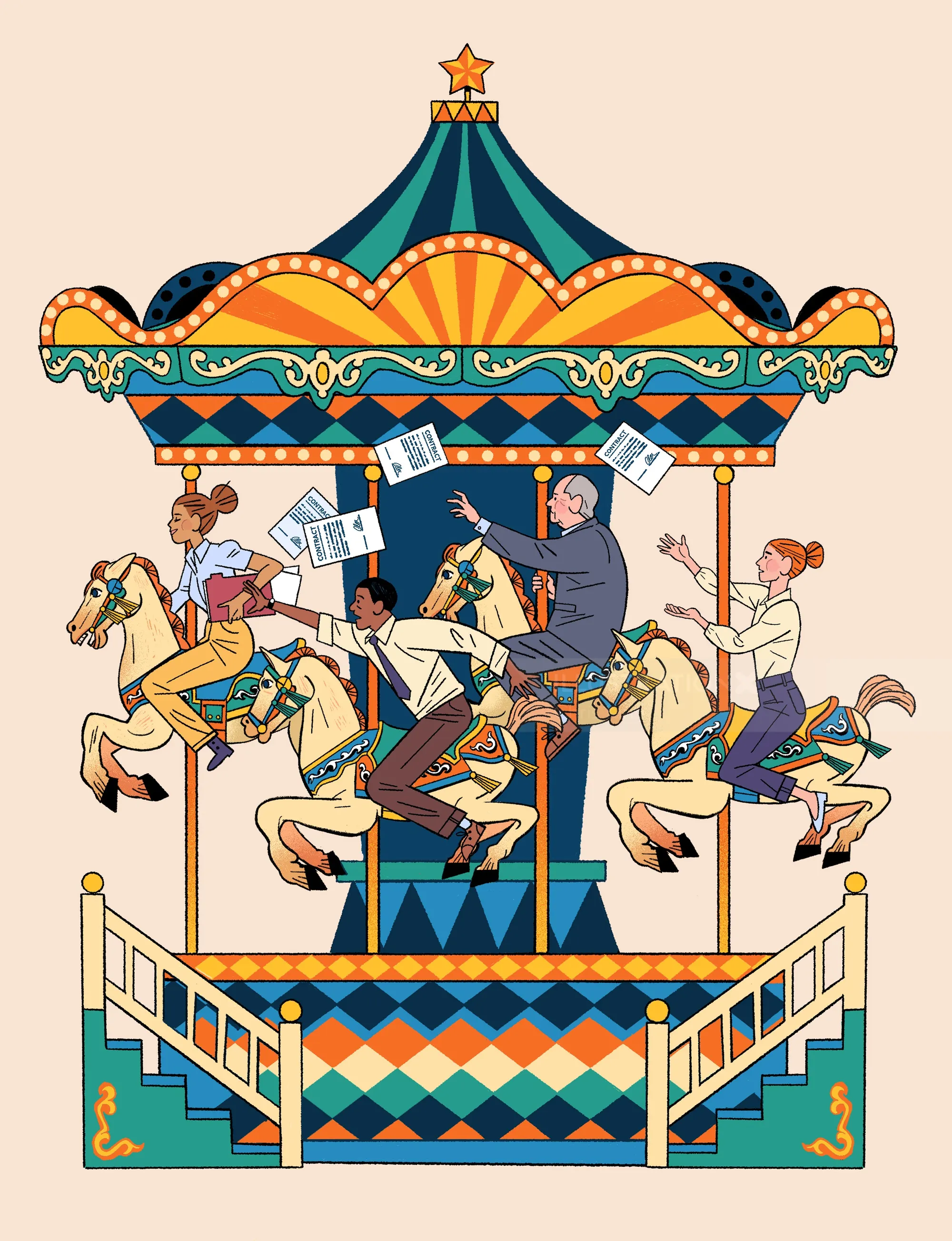 Illustrated carousel scene in comic theme for housing publication
