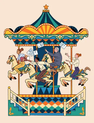 Illustrated carousel scene in comic theme for housing publication