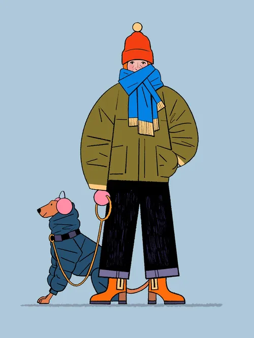 Illustration of woman and dog dressed in winter clothes by Chris King