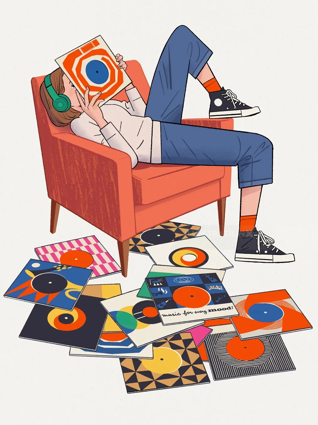 Illustration of girl listening to vinyl records by Chris King