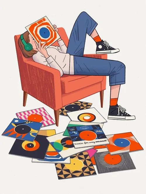 Illustration of girl listening to vinyl records by Chris King