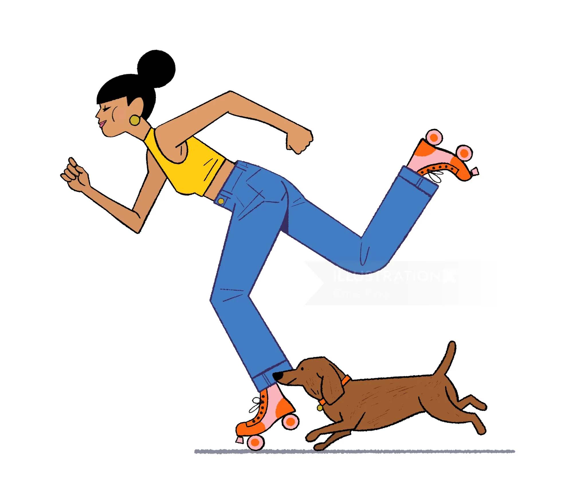 Woman roller skating with dog running alongside by Chris King